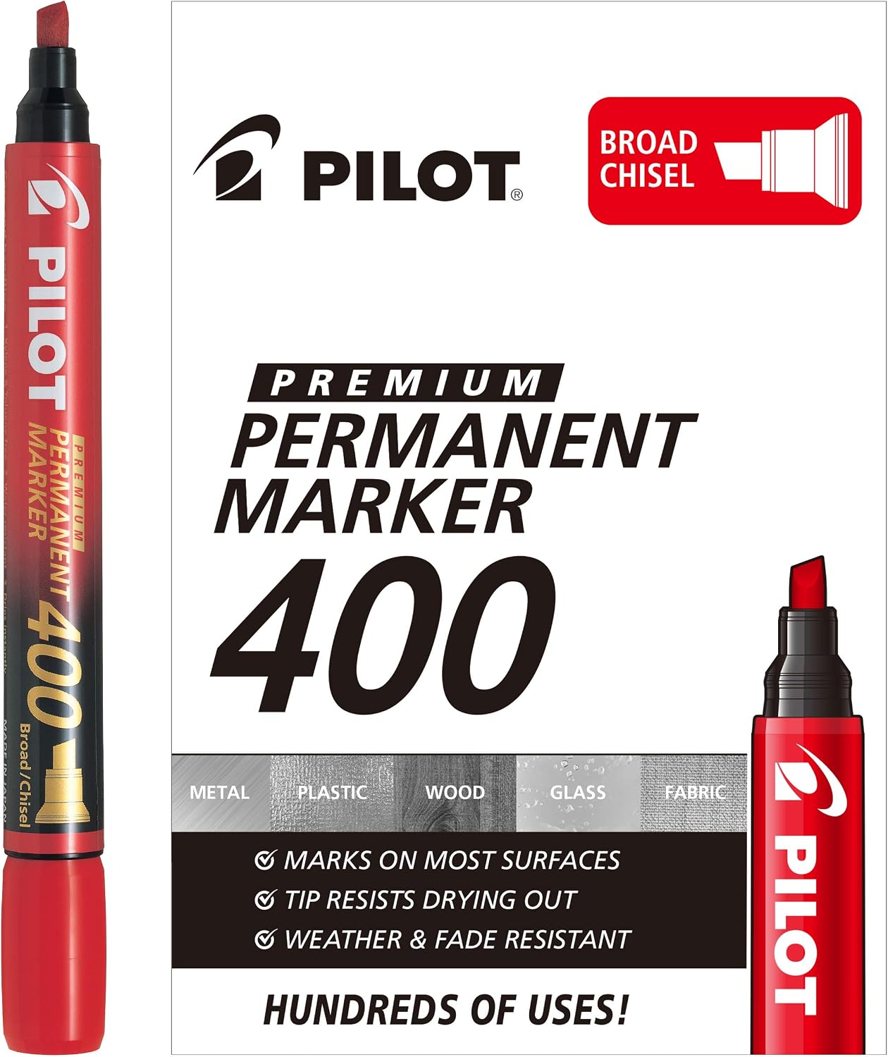 PILOT Premium 400 Permanent Markers, Broad Chisel Tip, Red Ink, 12-Pack