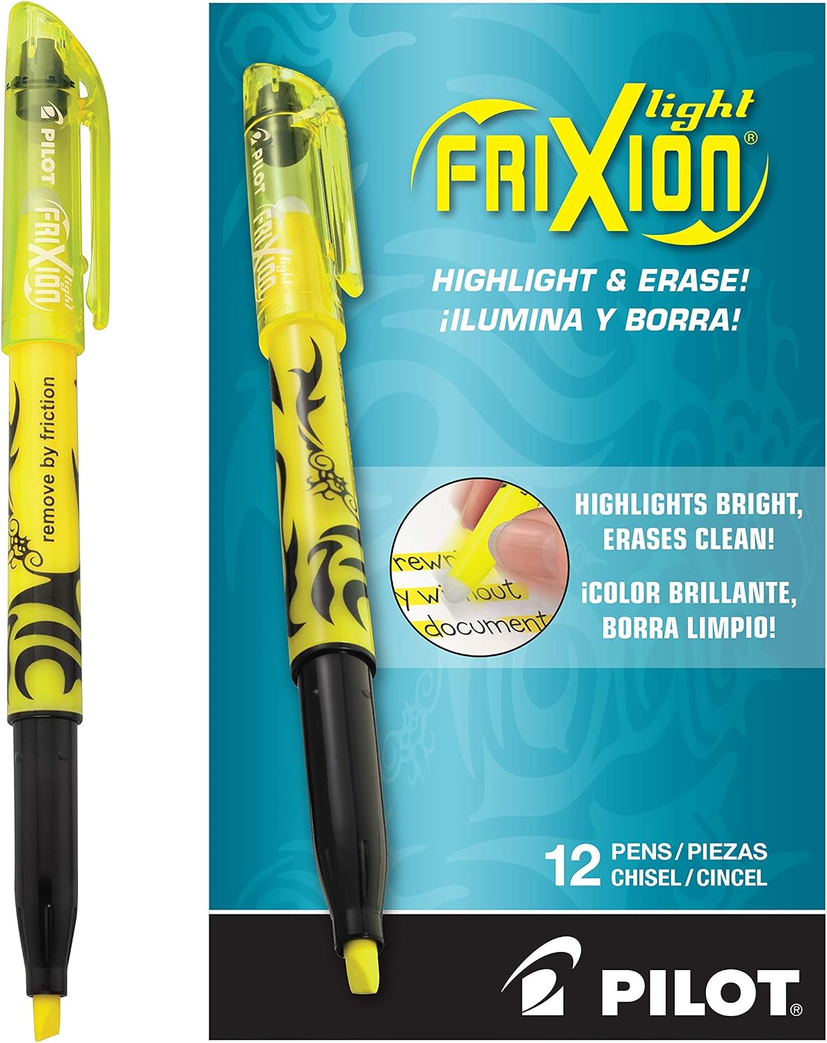 PILOT FriXion Light Erasable Highlighters, Chisel Tip, Yellow, 12-Pack