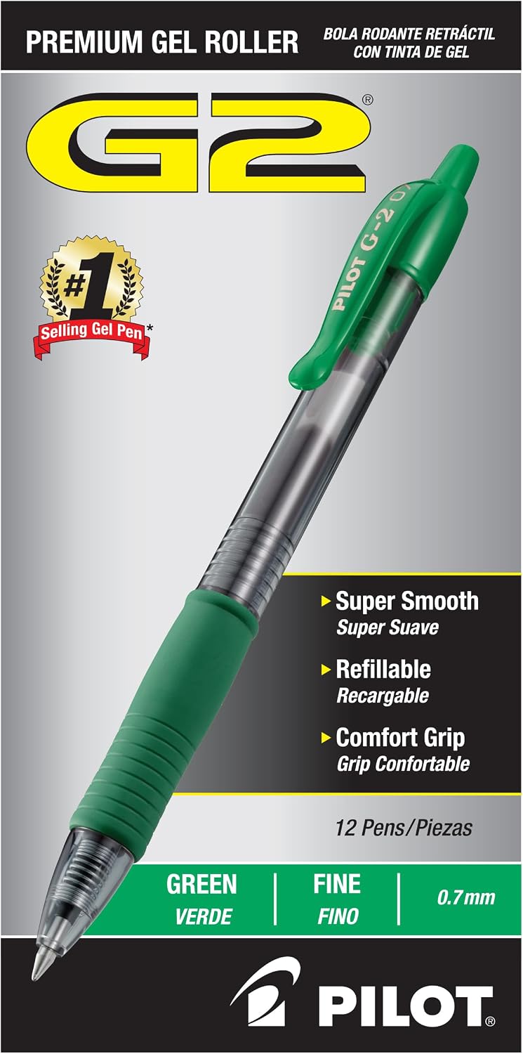PILOT G2 Premium Gel Pens, Fine Point 0.7mm, Green Ink, 12-Pack
