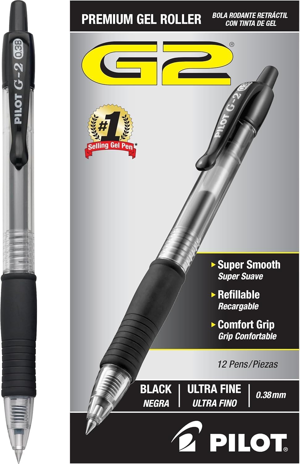 PILOT G2 Premium Retractable Rolling Ball Black Gel Pens, .38mm, 12-Pack Black Ink