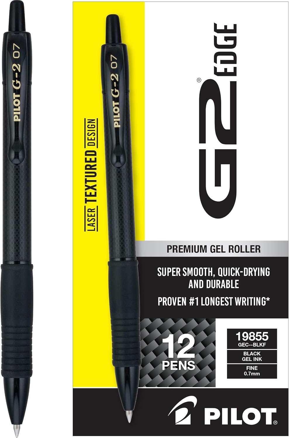 PILOT G2 Edge Black Gel Roller Pens, Fine Point 0.7 mm, 12Pk Black 12
