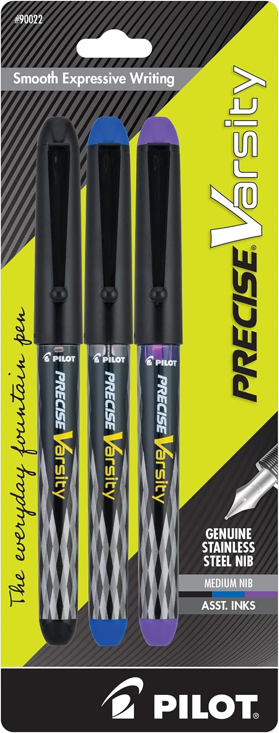 PILOT Precise Varsity Pre-Filled Fountain Pens, 1.0mm, Multicolor, 3-Pack BlackBluePurple