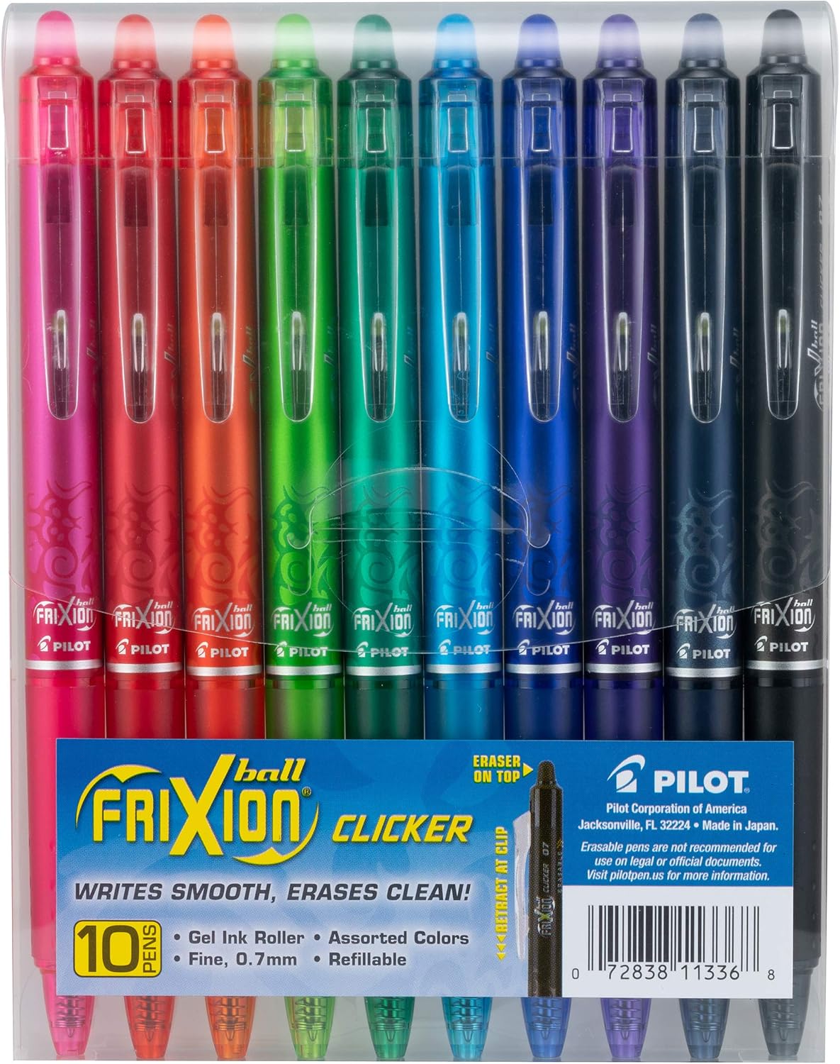 PILOT FriXion Clicker Gel Ink Pens 0.7mm, Assorted Colors, 10-Pack